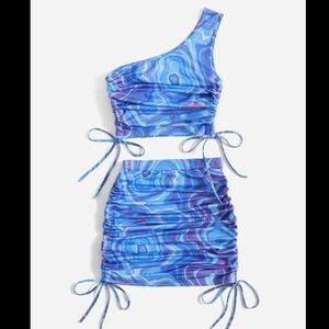 Splash Print One Shoulder Knot Top & Skirt Set